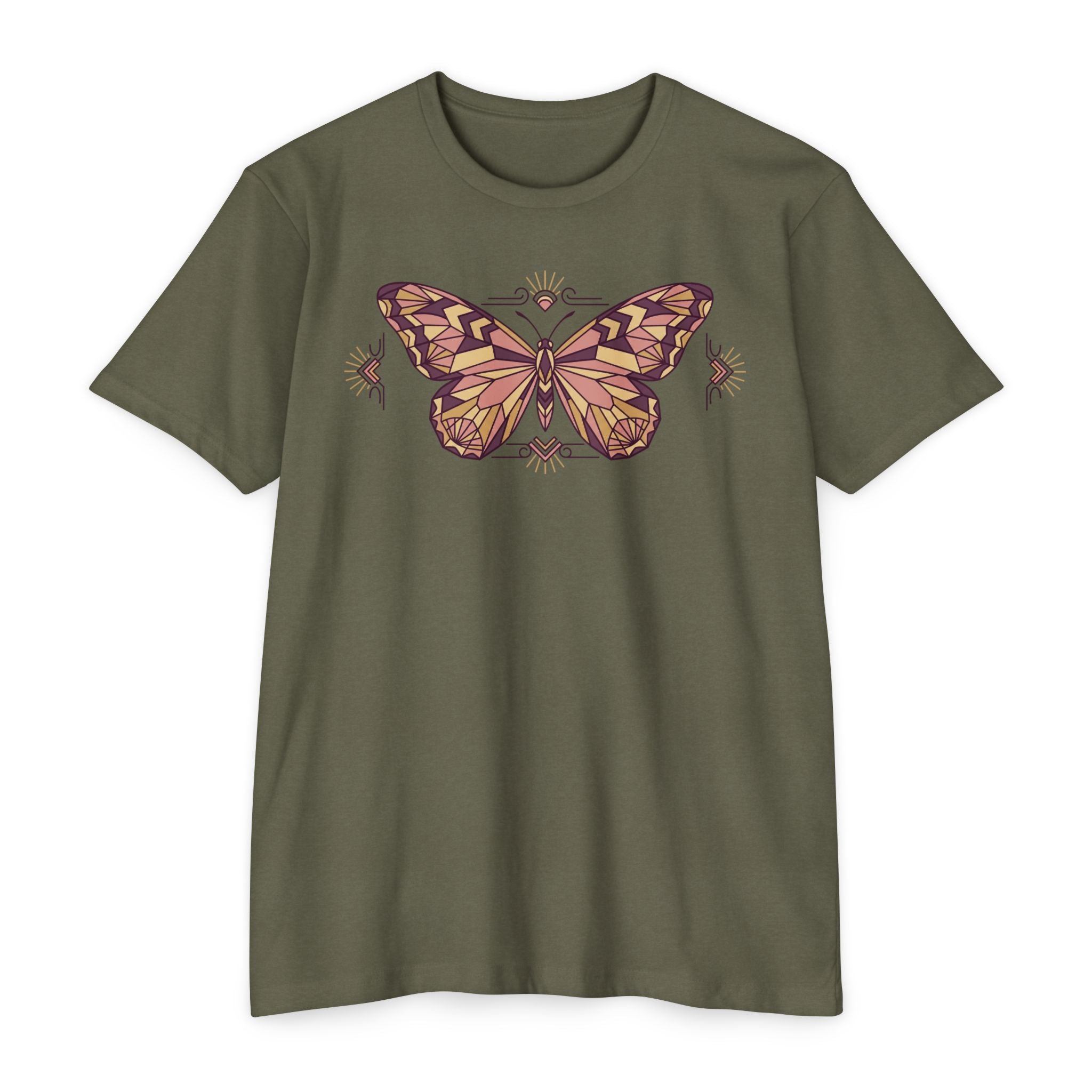 Dark green butterfly graphic T-shirt with vintage floral wings illustration, crew neck