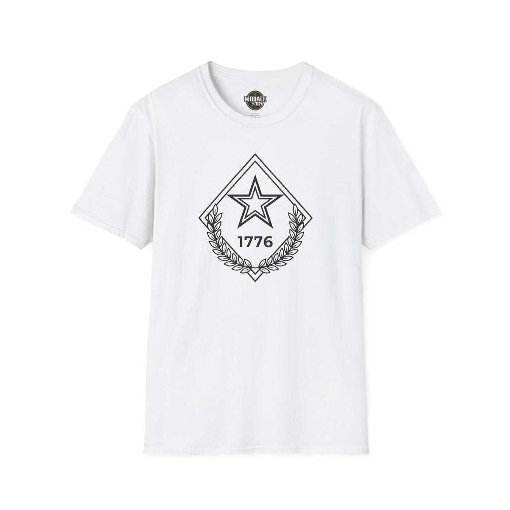 White t-shirt with chest star-and-laurel diamond emblem, 1776 and outlined star design
