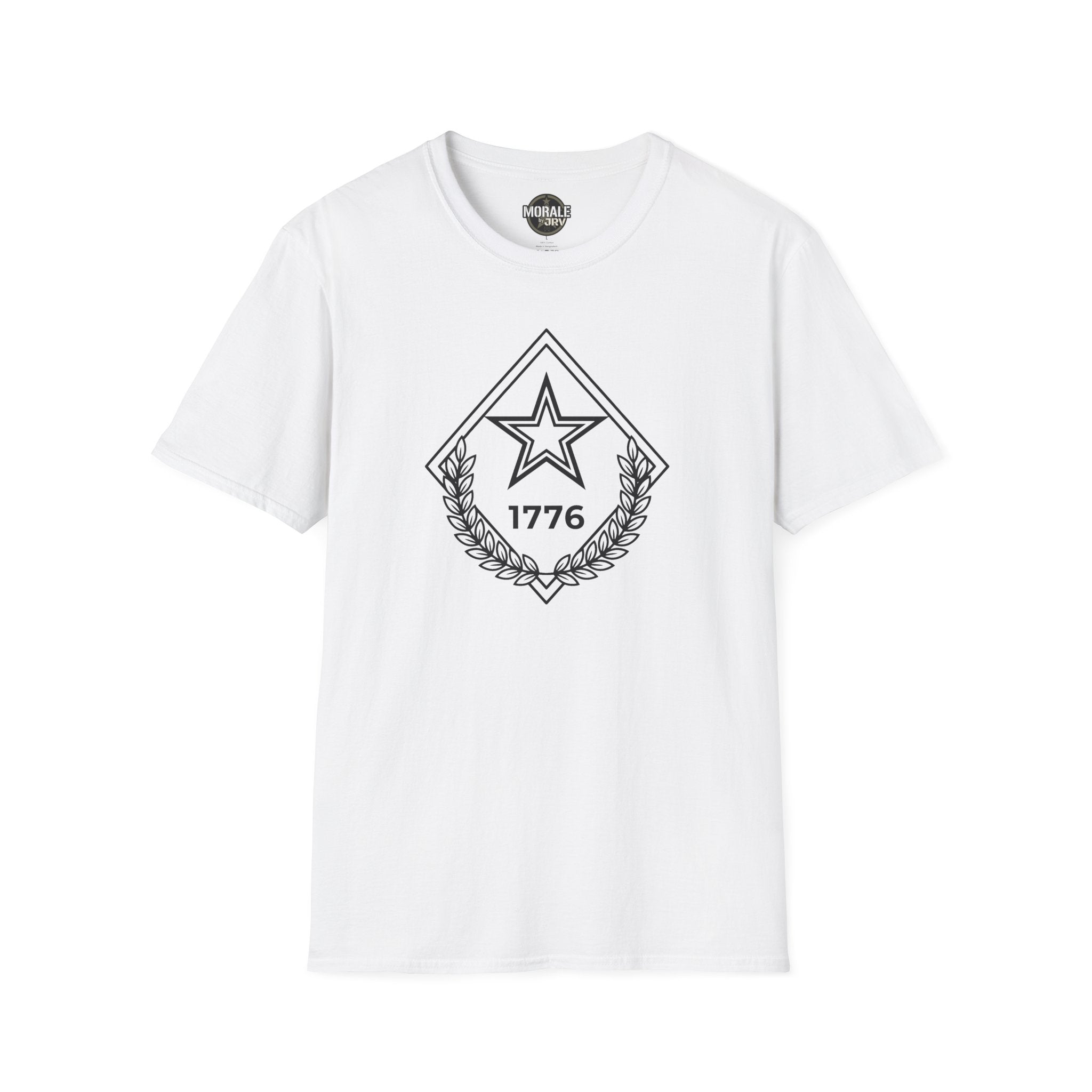 White t-shirt with chest star-and-laurel diamond emblem, 1776 and outlined star design