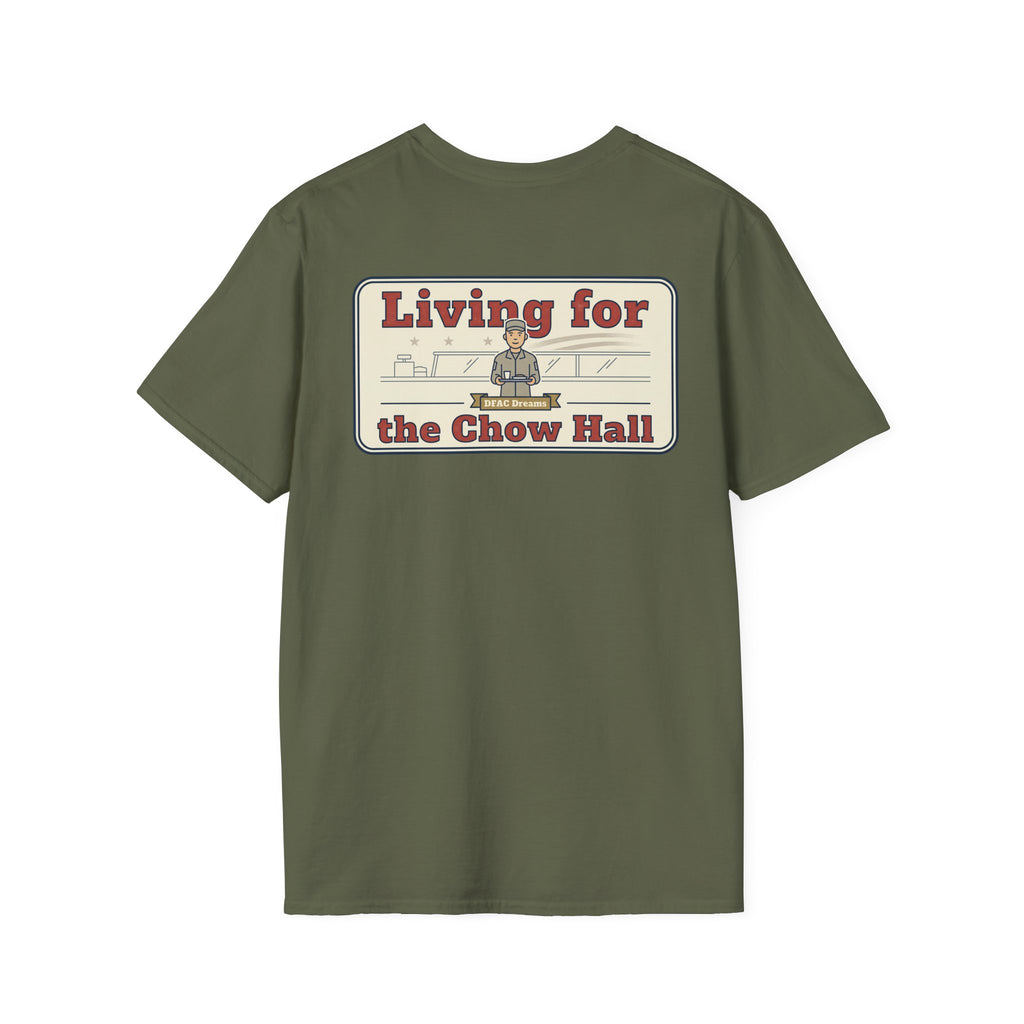 Olive green graphic t-shirt with large back text and logo graphic