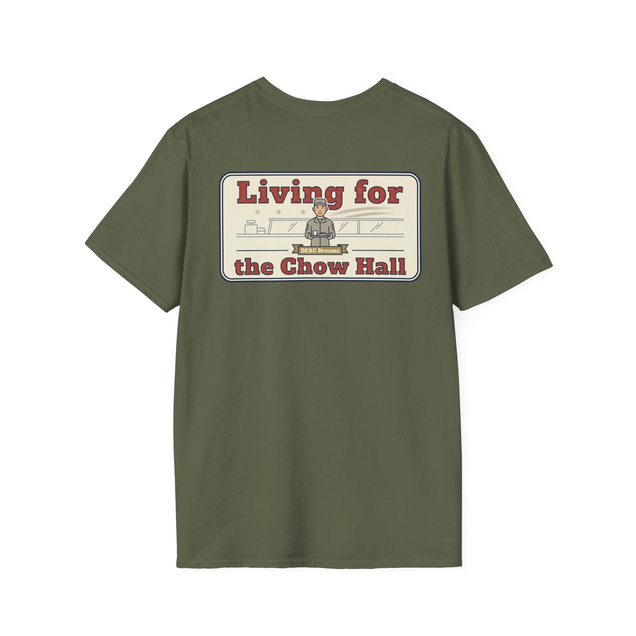 Olive green graphic t-shirt with large back text and logo graphic