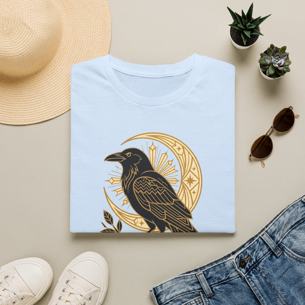 Light blue raven graphic T-shirt with gold crescent moon and Nevermore emblem