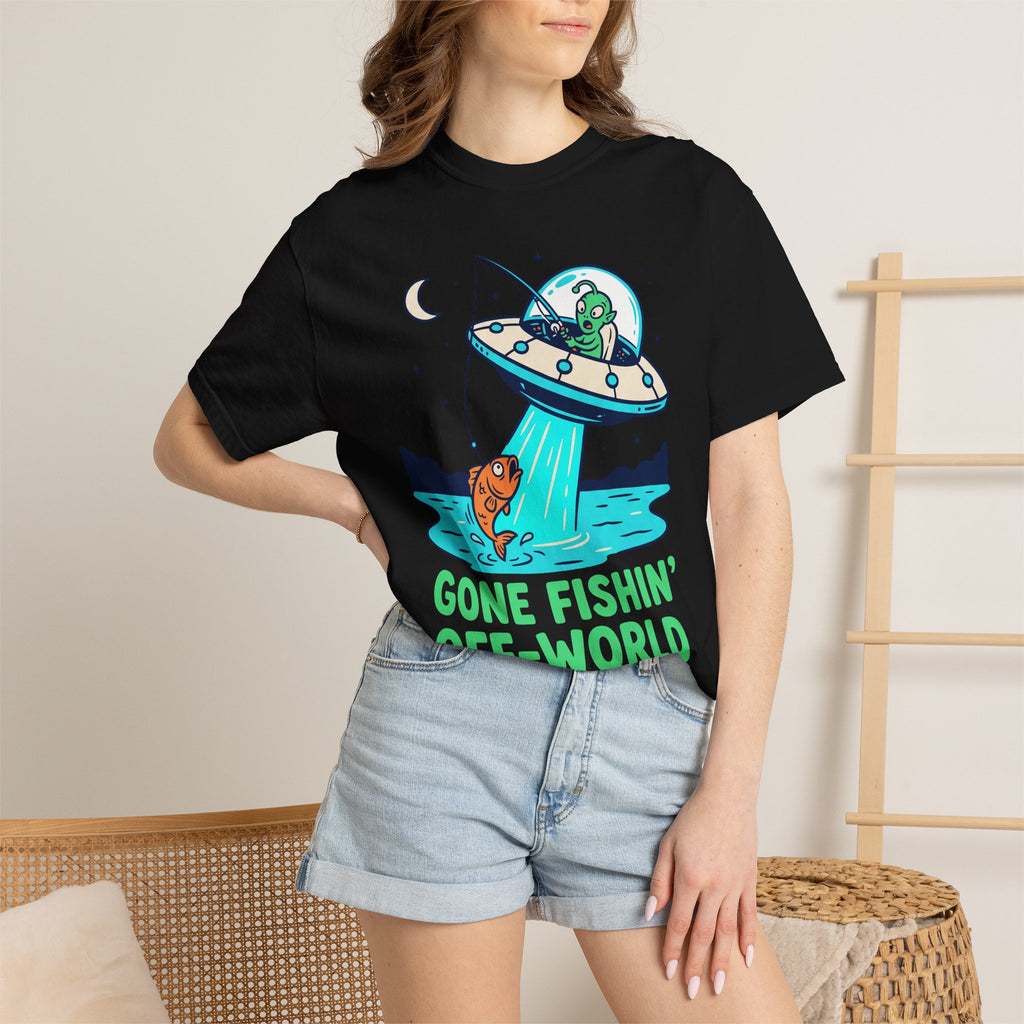 Black crewneck t-shirt with alien fishing saucer and “GONE FISHIN’” print