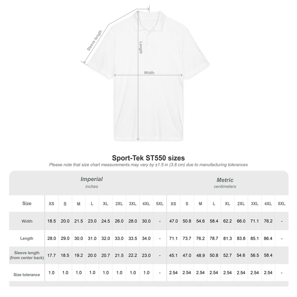 Polo shirt sizing chart with size table and sleeve tolerance details
