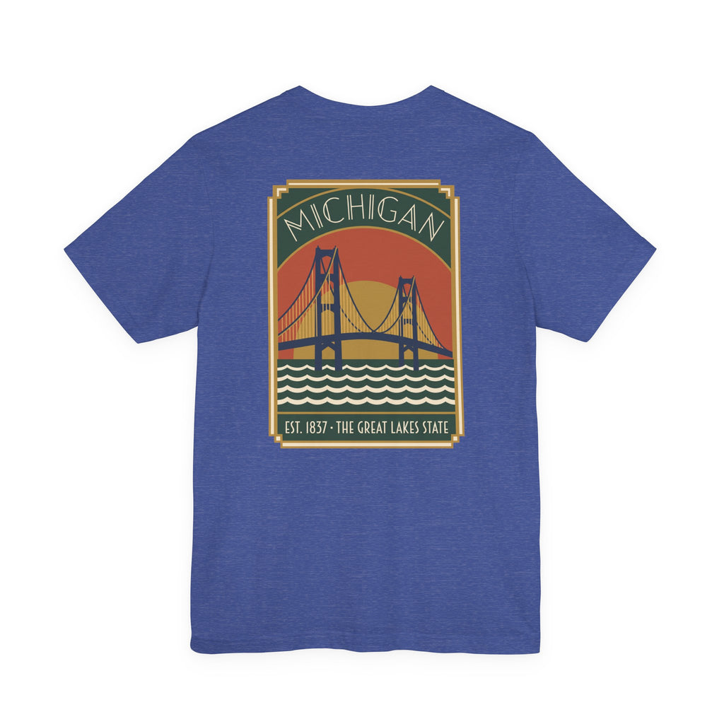 Royal blue T-shirt with Michigan bridge art deco graphic and Est. 1837 print