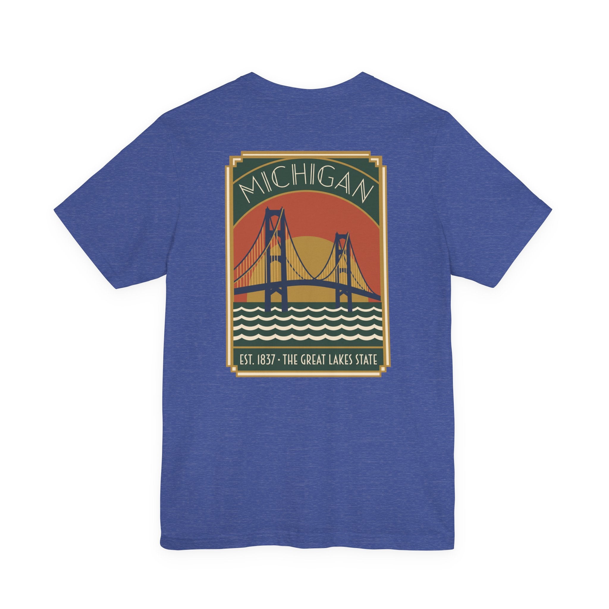 Royal blue T-shirt with Michigan bridge art deco graphic and Est. 1837 print