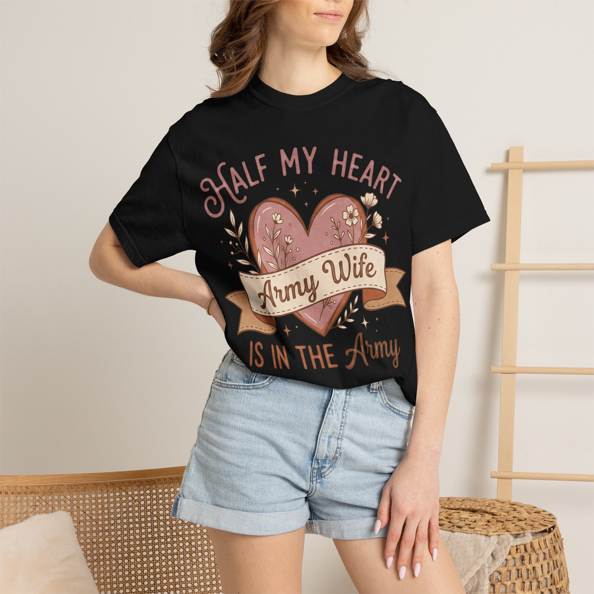 Black T-shirt with heart graphic and “Army Wife” banner text, short sleeves