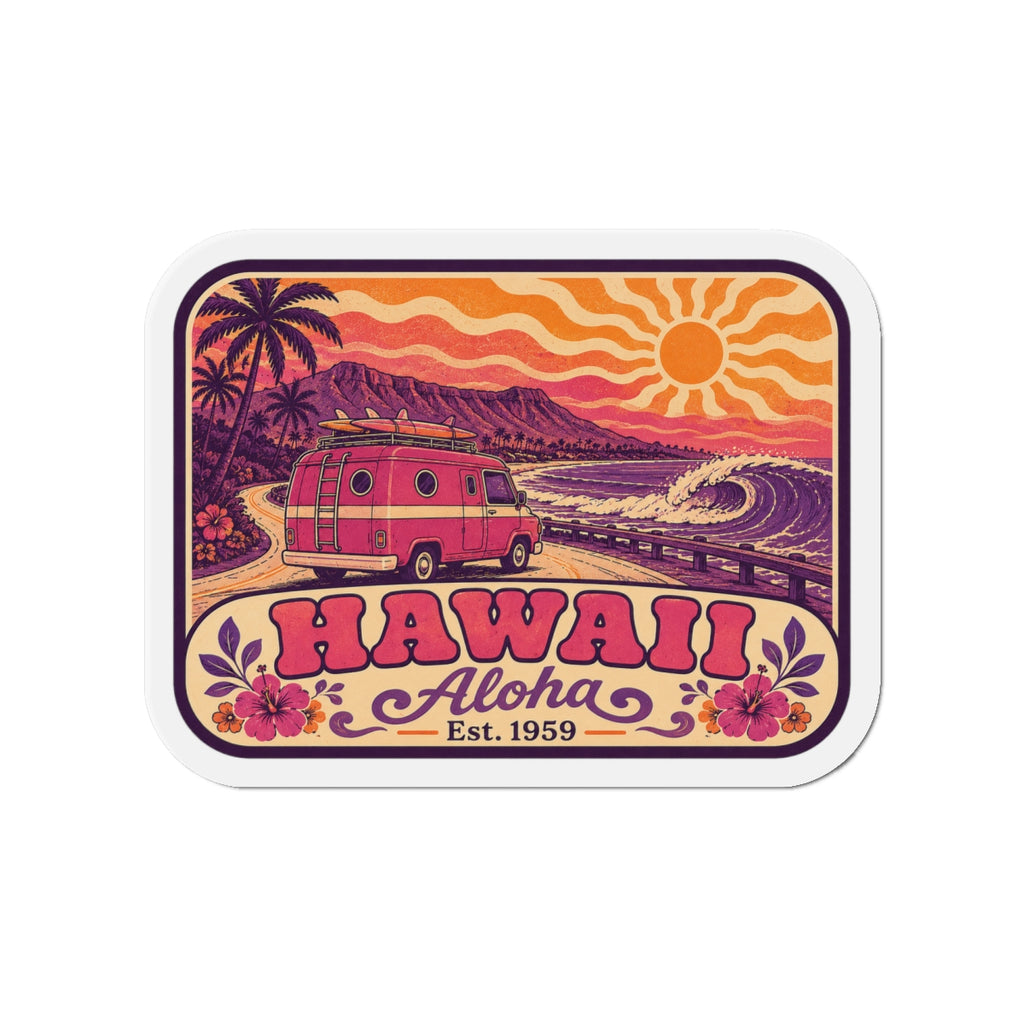 Rounded Hawaii die-cut magnet featuring palm trees, sun, pink van, and “HAWAII Aloha”.
