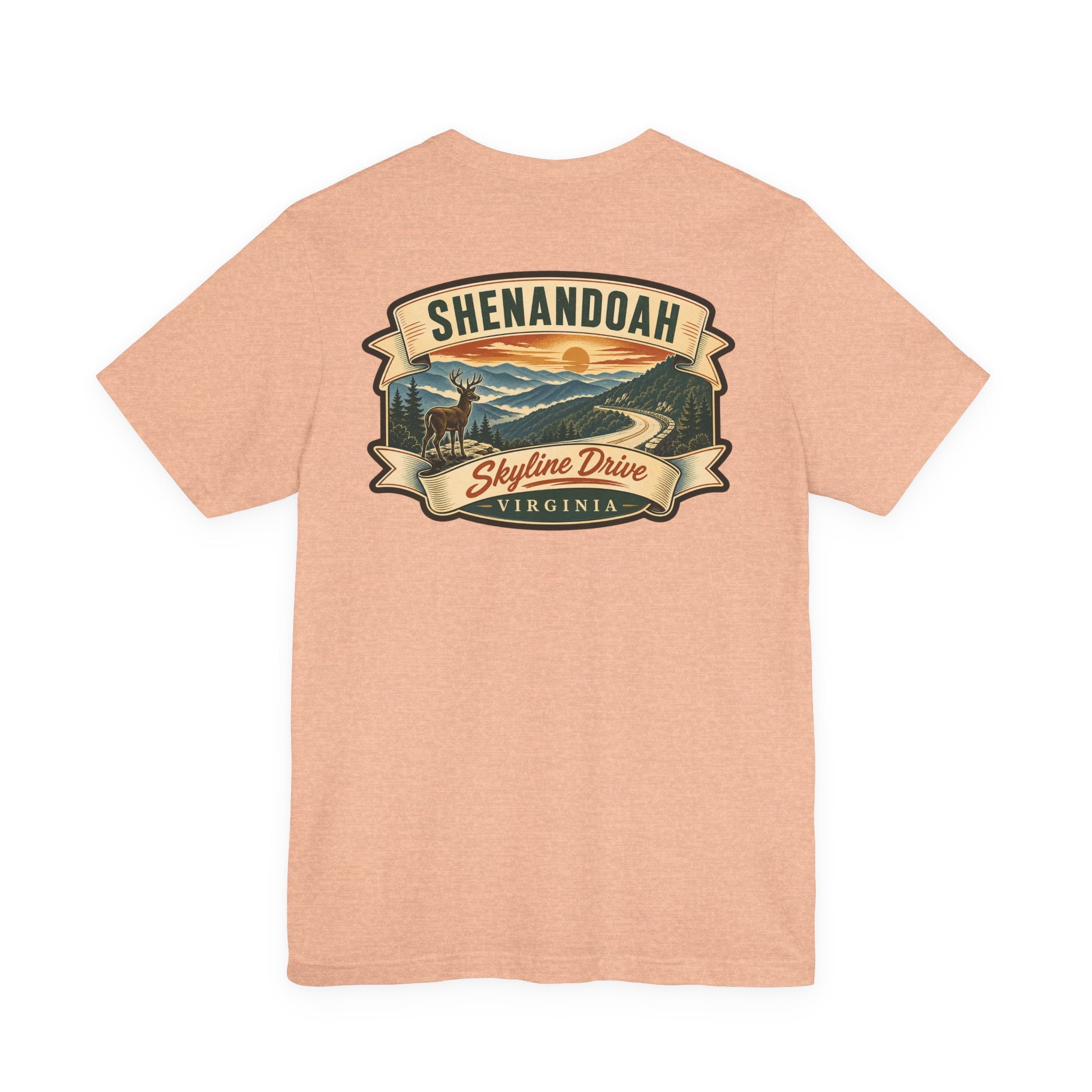 Peach crew-neck t-shirt with Shenandoah Skyline Drive ribbon graphic