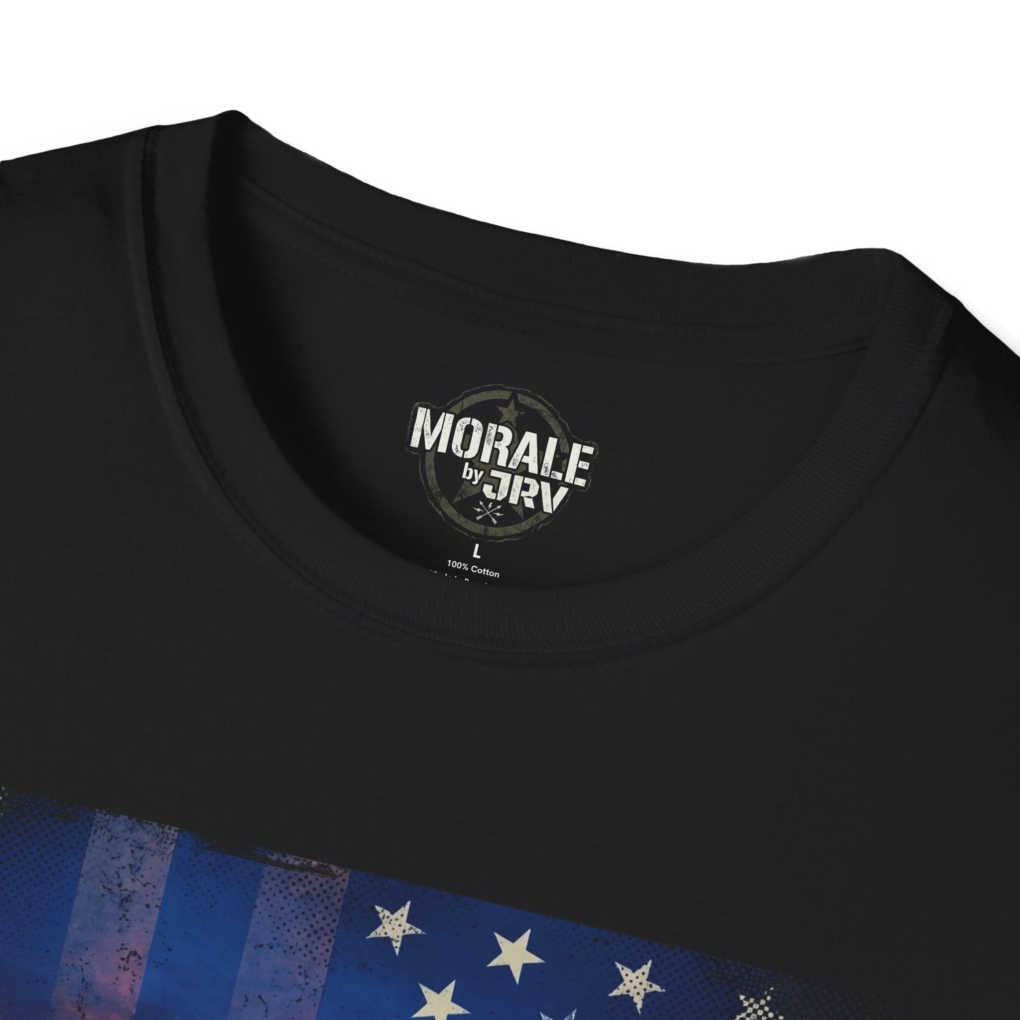 Black T-shirt neckline close-up with “MORALE by TRU” logo