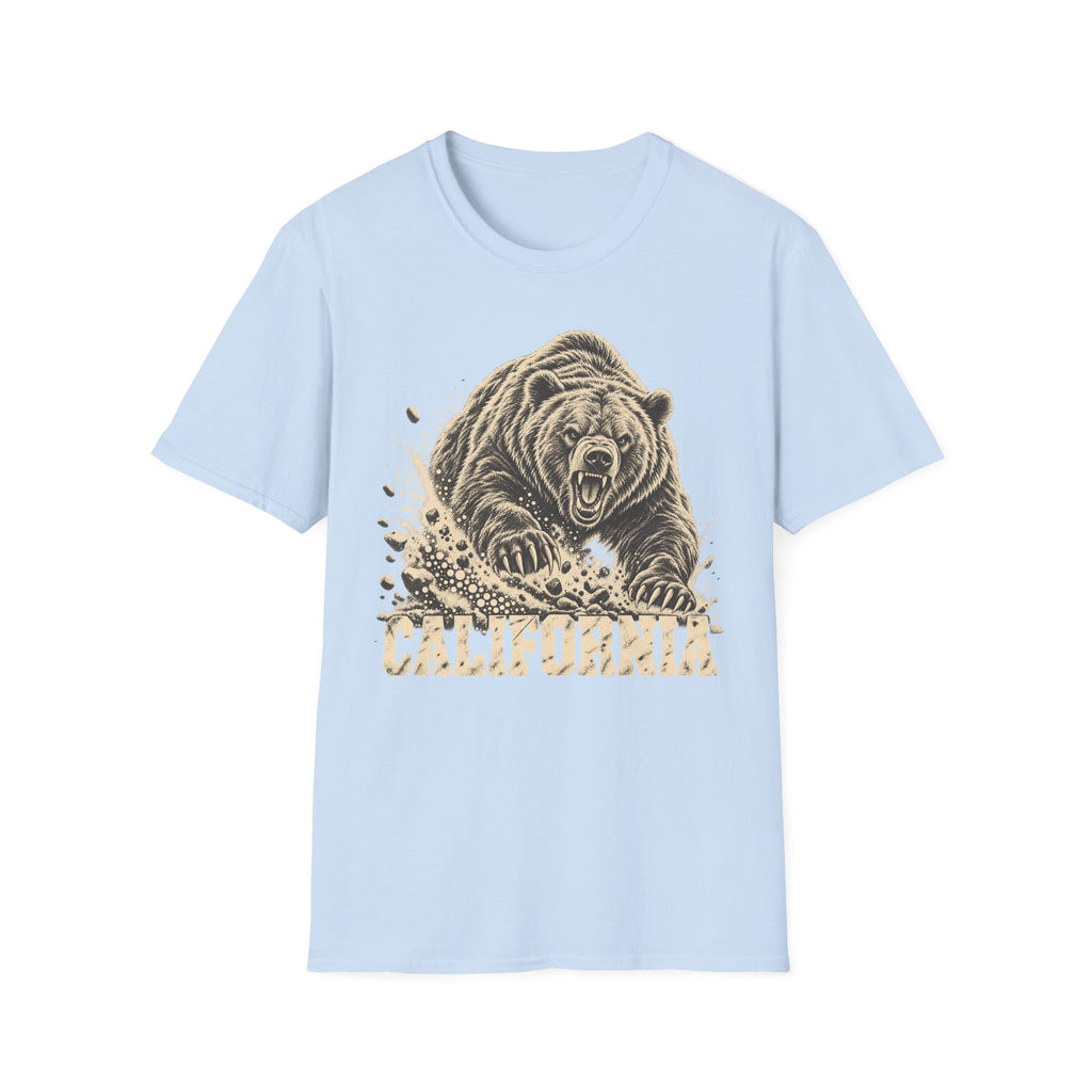 Light blue bear graphic t-shirt with vintage California wordmark and roaring bear print