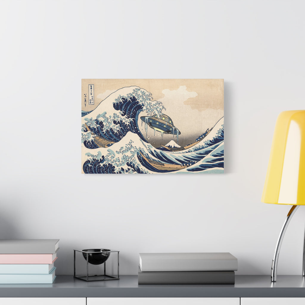 UFO wave print canvas, small wall-hanging size, with blue waves and hovering vehicle
