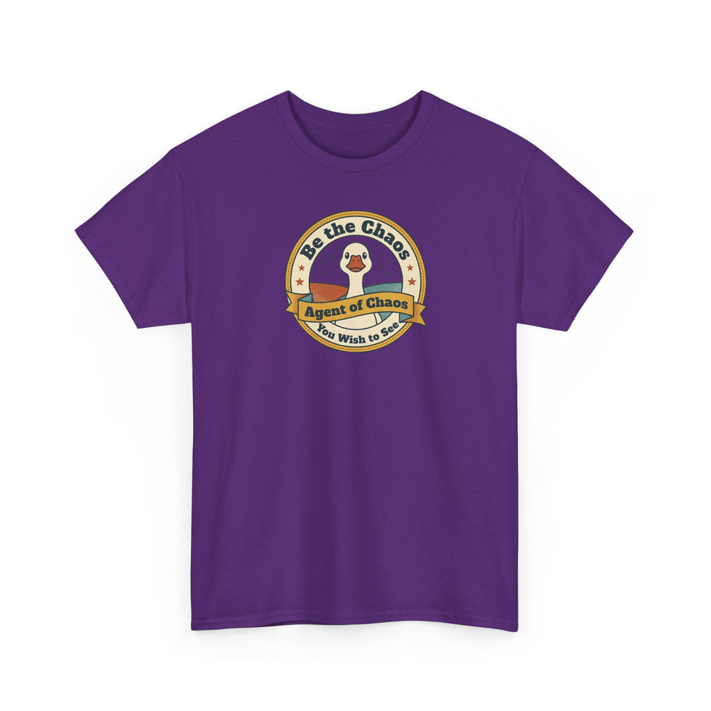 Purple t-shirt with round duck emblem graphic on the chest