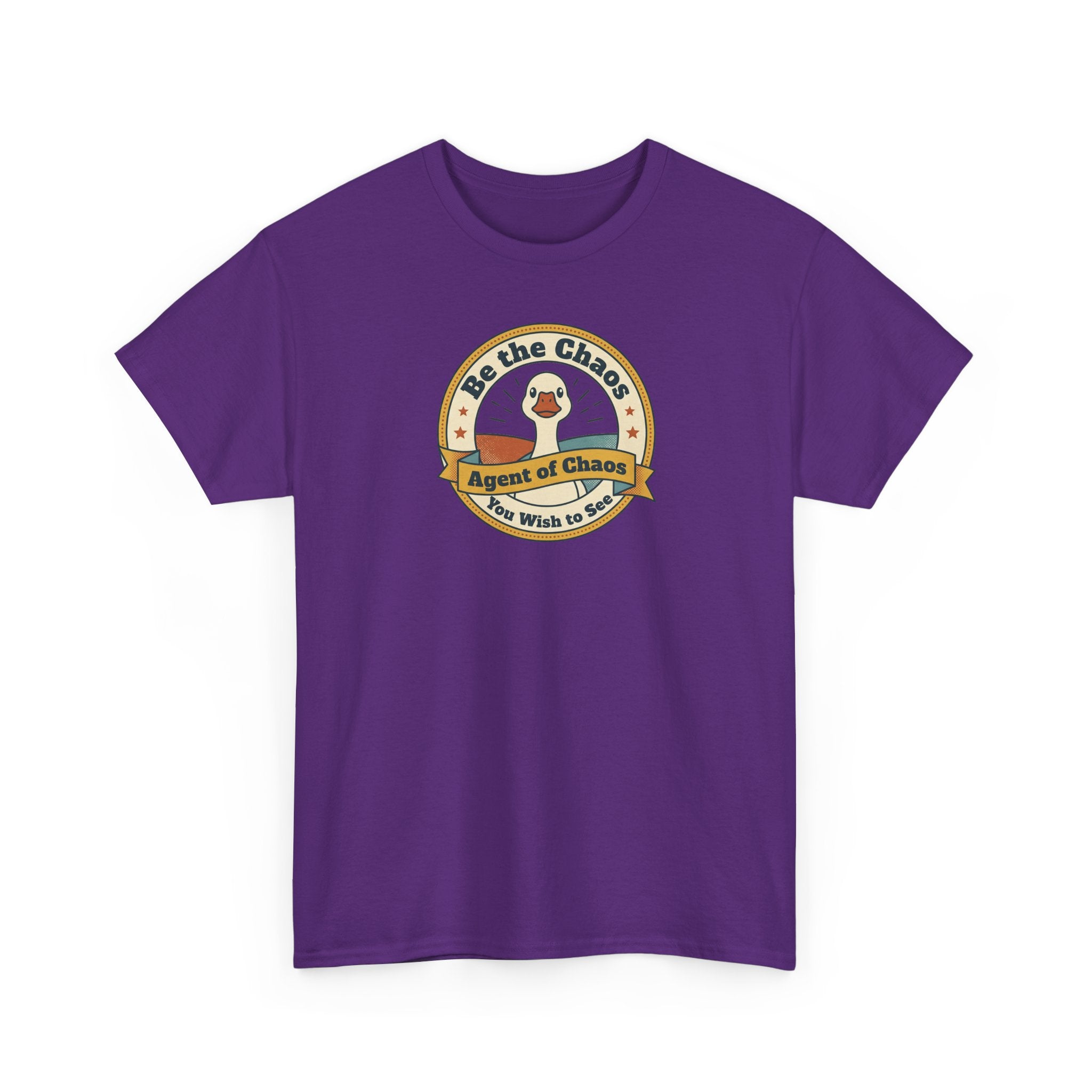 Purple t-shirt with round duck emblem graphic on the chest
