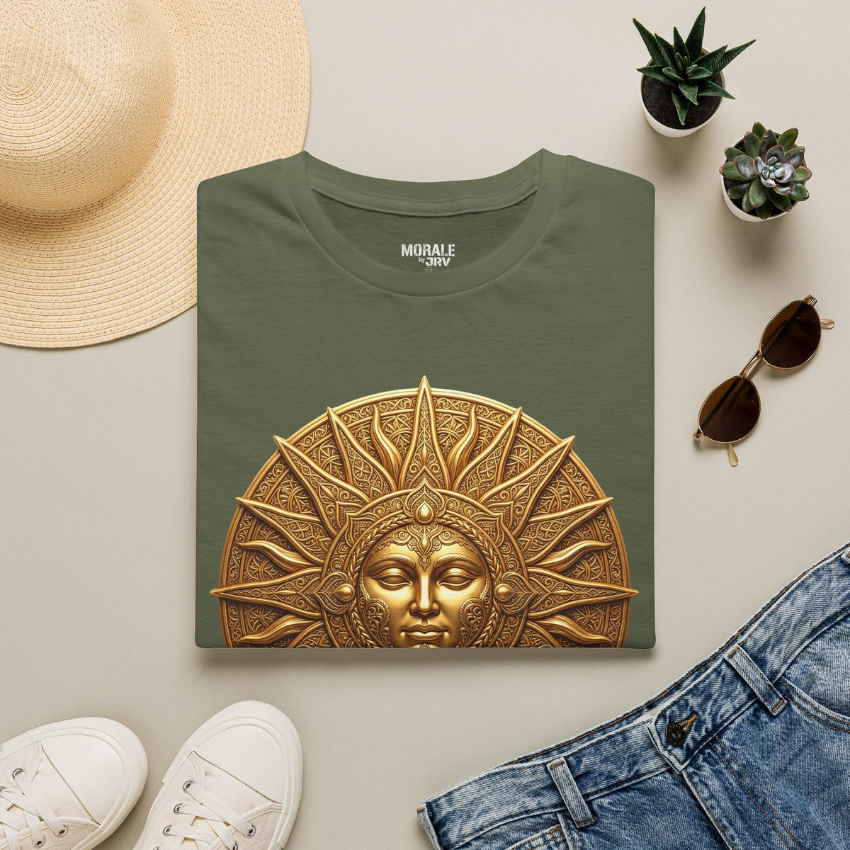 Olive green t-shirt with bronze sun face medallion graphic on the chest