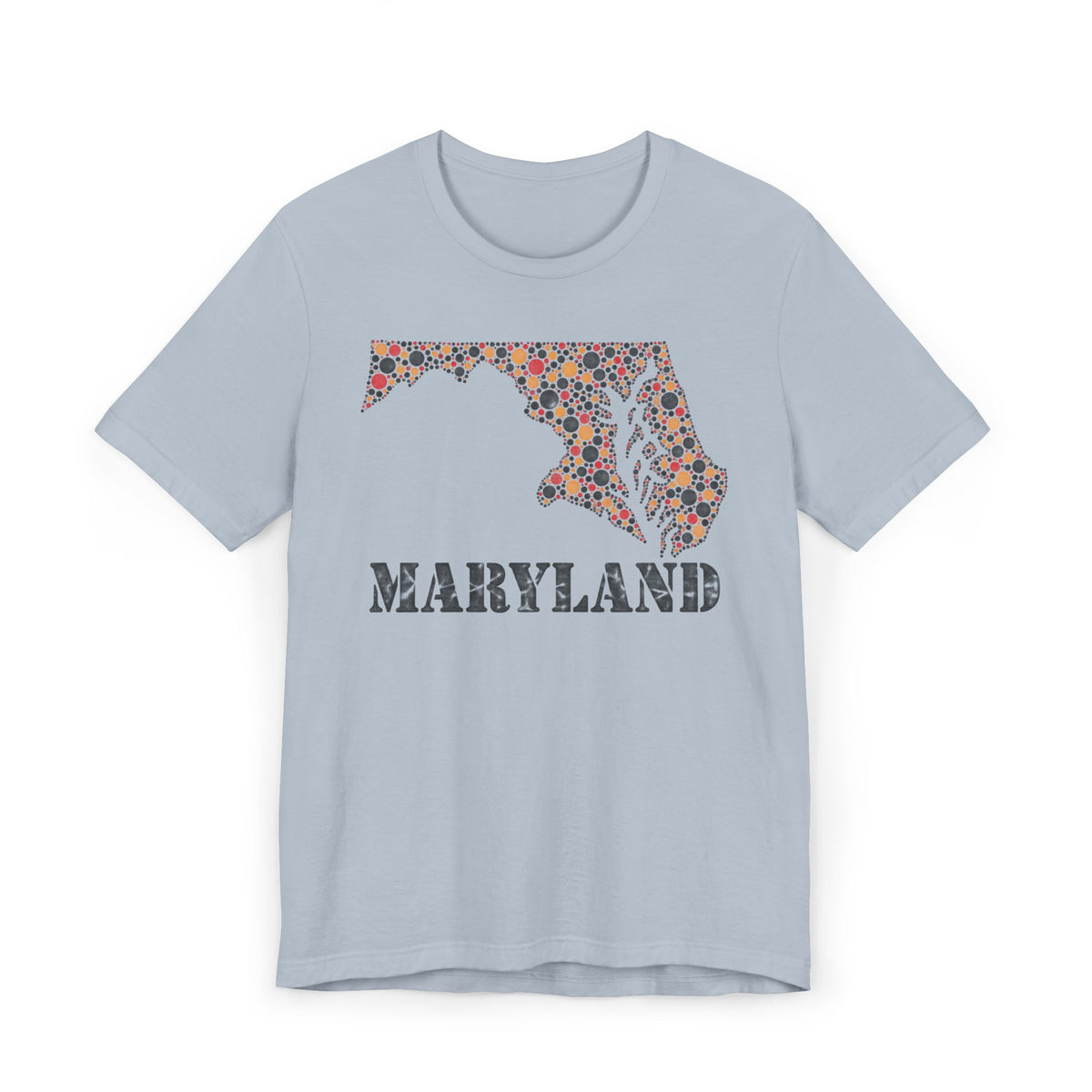 Light blue Maryland floral map graphic T-shirt with dotted map and 'MARYLAND' lettering