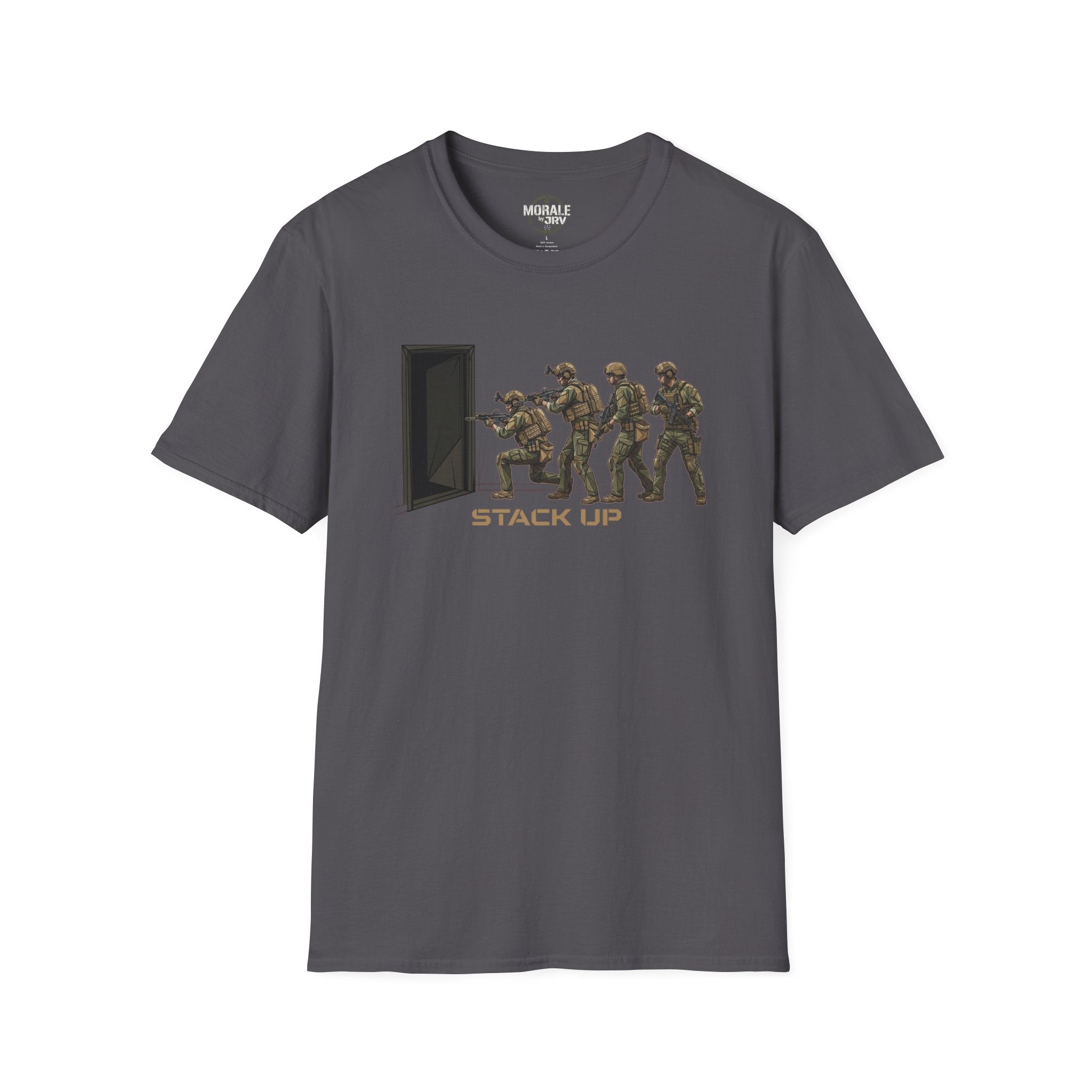 Dark gray T-shirt with 'Stack Up' door breach soldier print