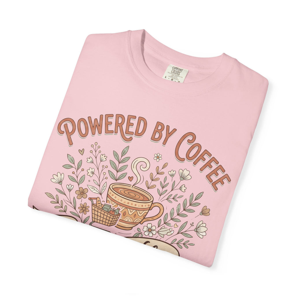 Pink short-sleeve T-shirt with coffee cup and floral graphic