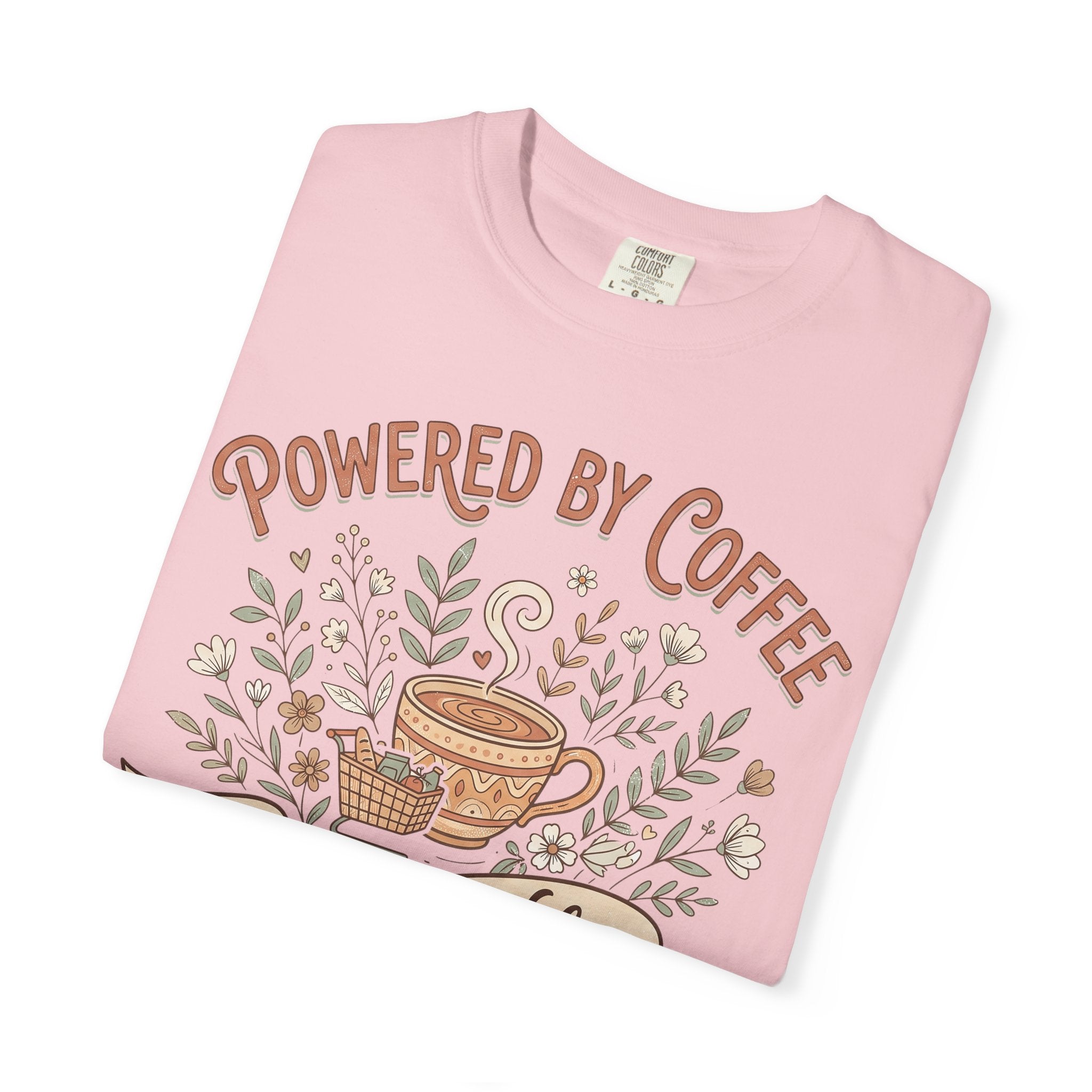 Pink short-sleeve T-shirt with coffee cup and floral graphic