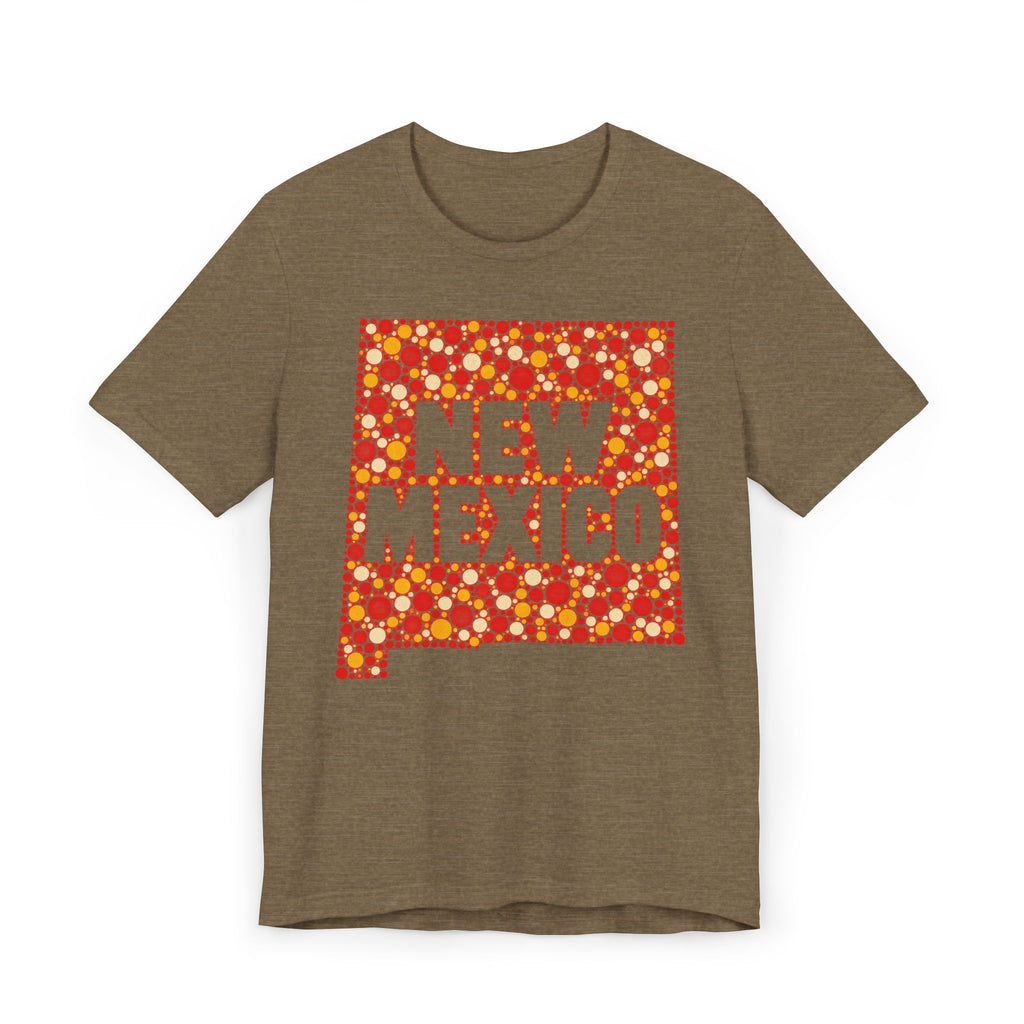 Brown short-sleeve T-shirt with colorful “New Mexico” patterned graphic on front.