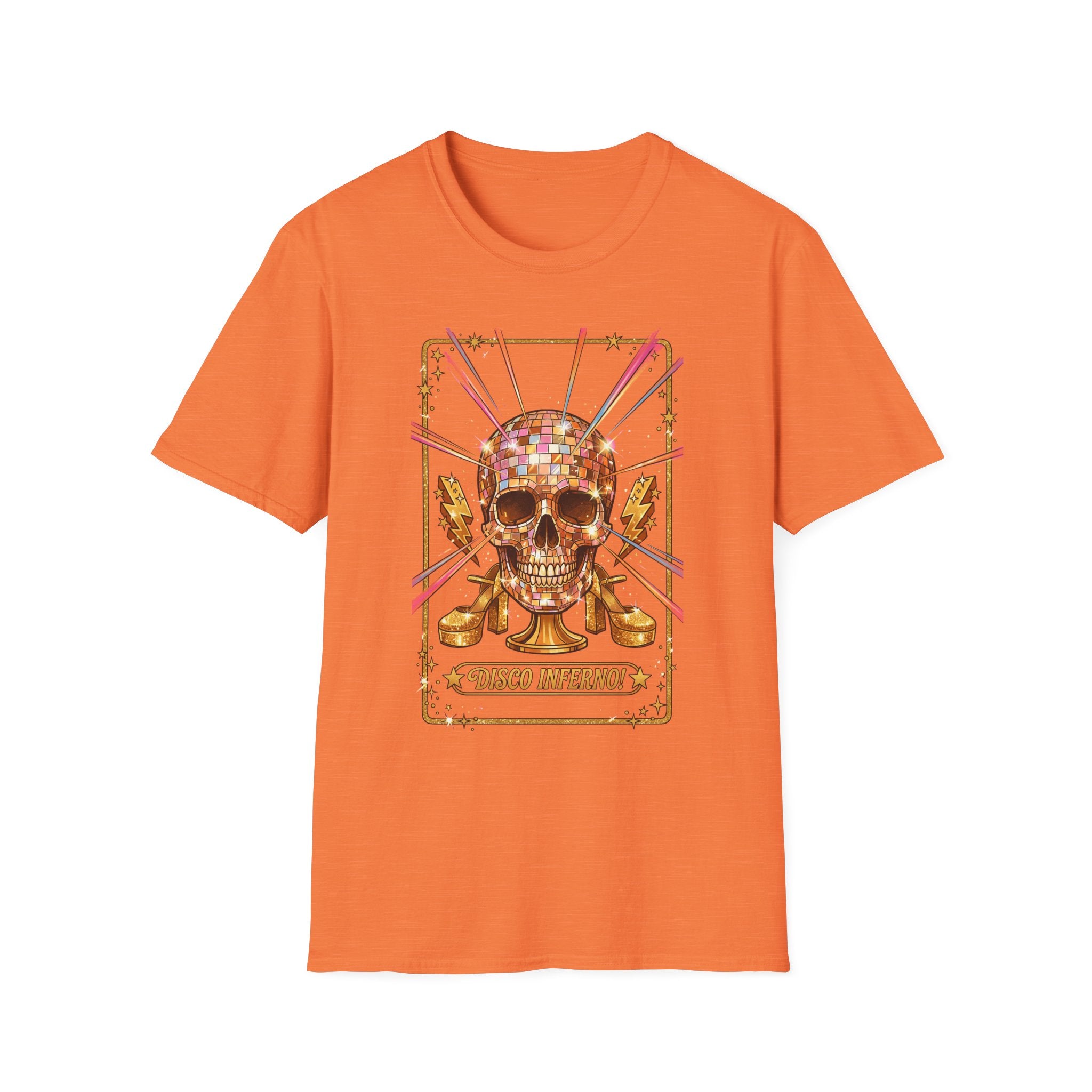 Disco Inferno Skull T-Shirt, orange—disco skull artwork with “Disco Inferno” text