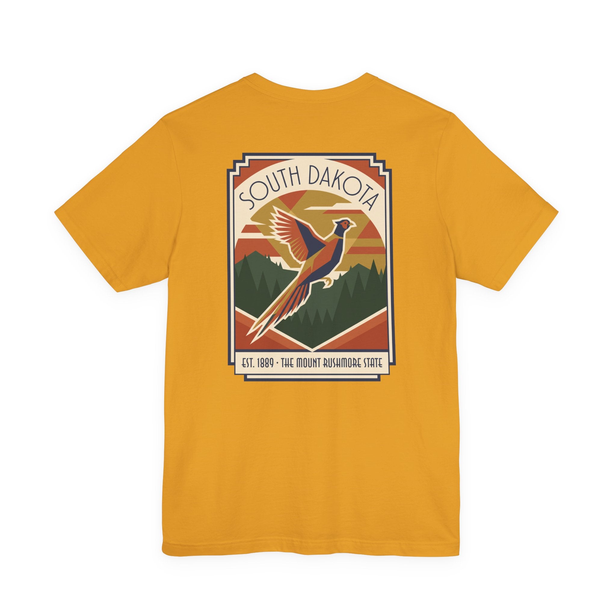 Mustard yellow t-shirt with South Dakota art deco pheasant graphic print