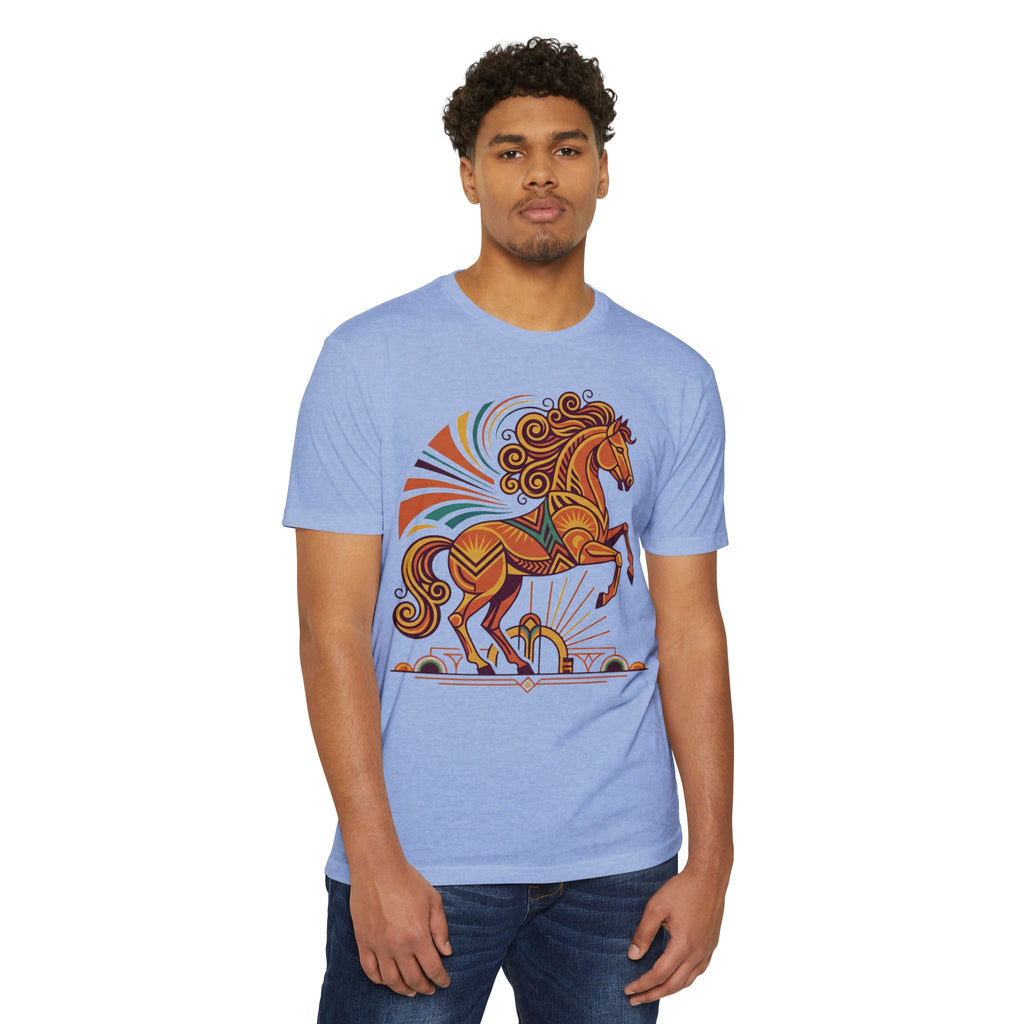 Light blue crewneck T-shirt with colorful prancing horse graphic and sunburst rays