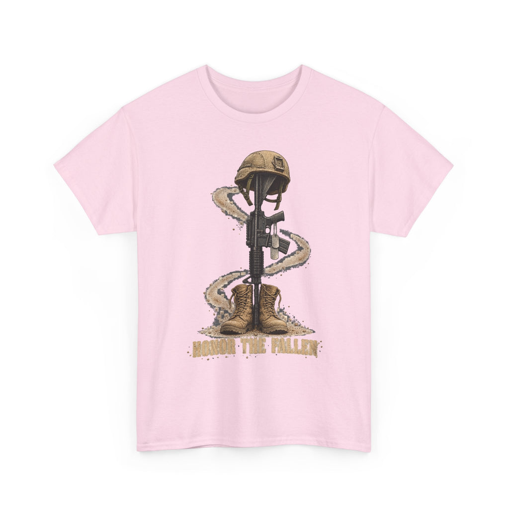 Light pink graphic t-shirt with soldier and rifle emblem on front.