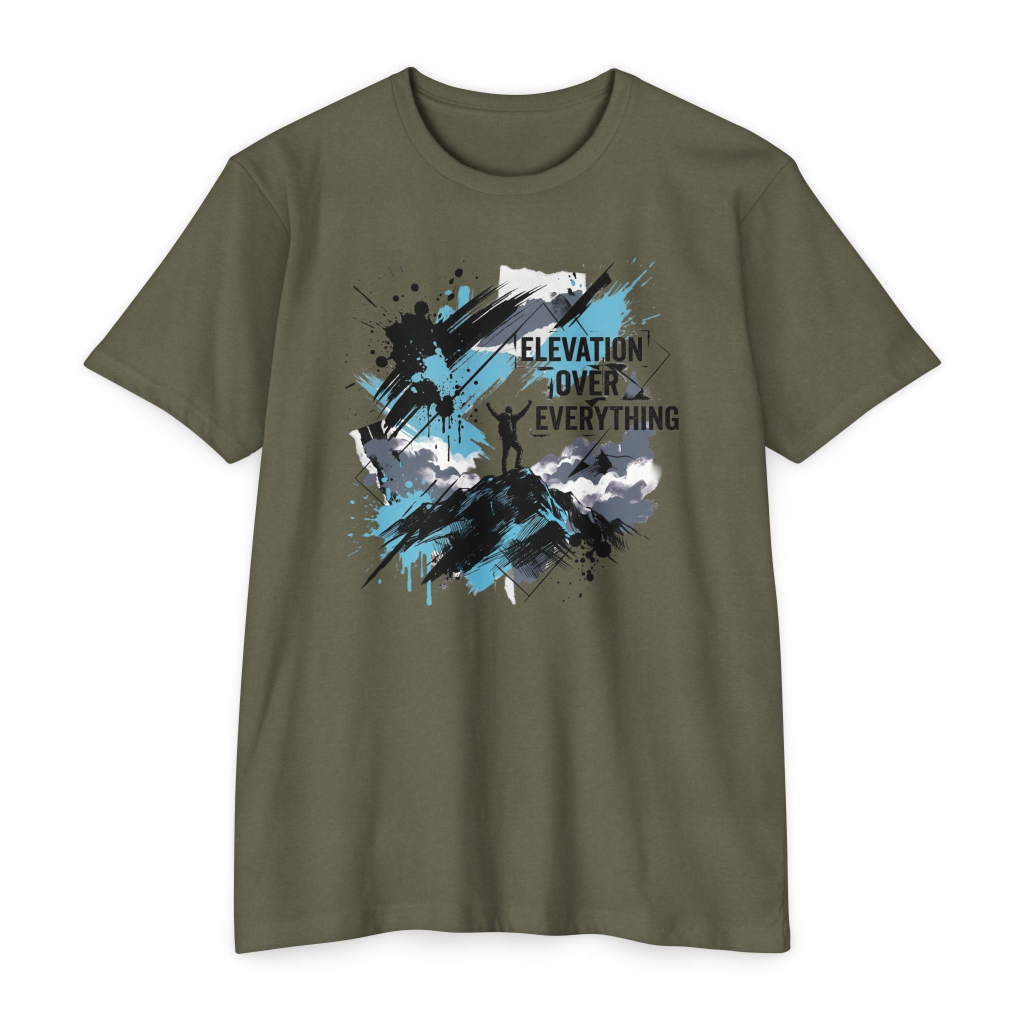 Olive crewneck T-shirt with blue and white mountain graphic