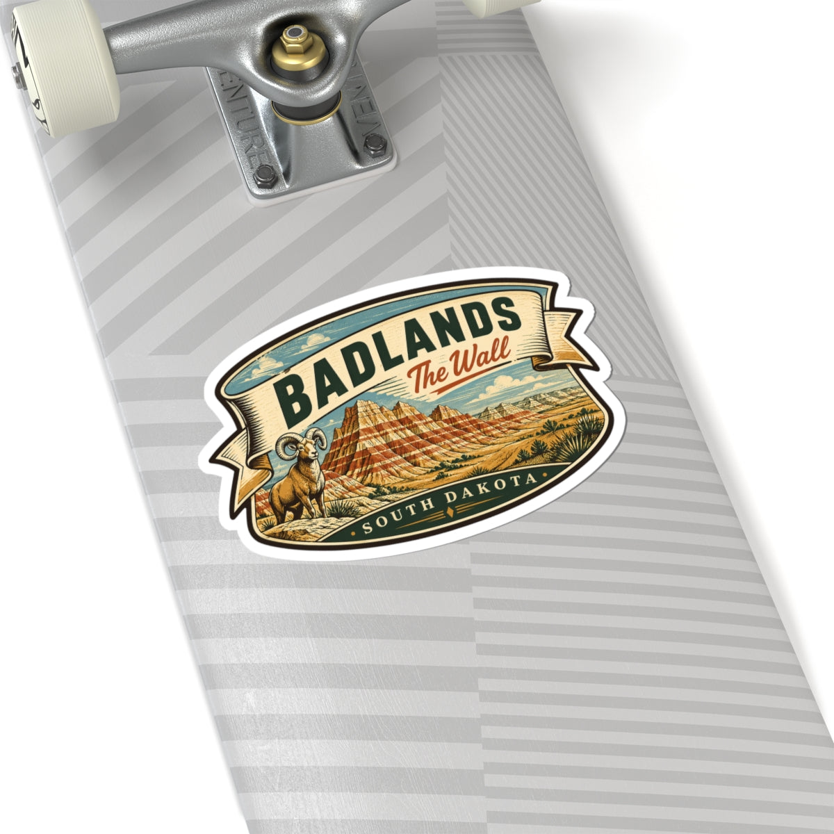 Badlands wall sticker on gray luggage tag, oval desert ram landscape with kiss-cut outline