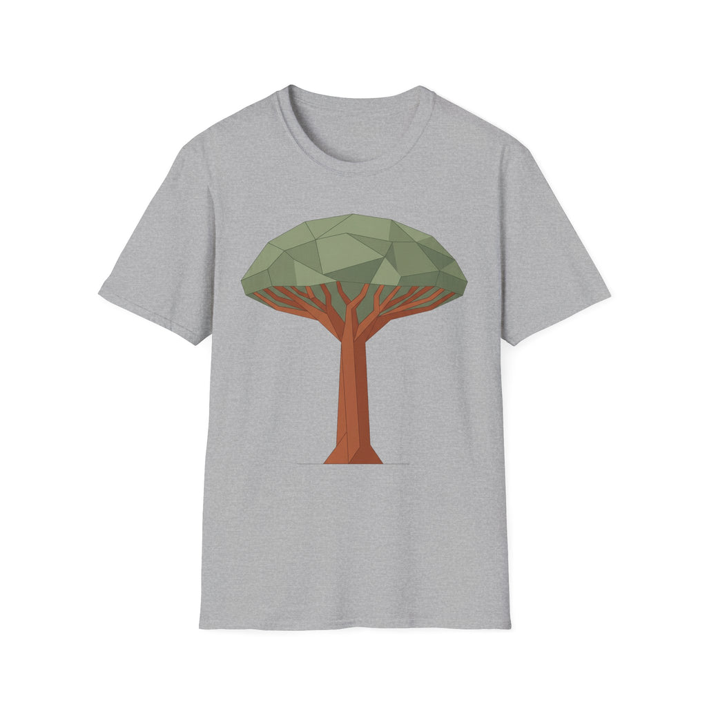 Hellgraue T‑Shirt mit geometrischem Drachenblutbaum-Grafikmotiv auf der Brust