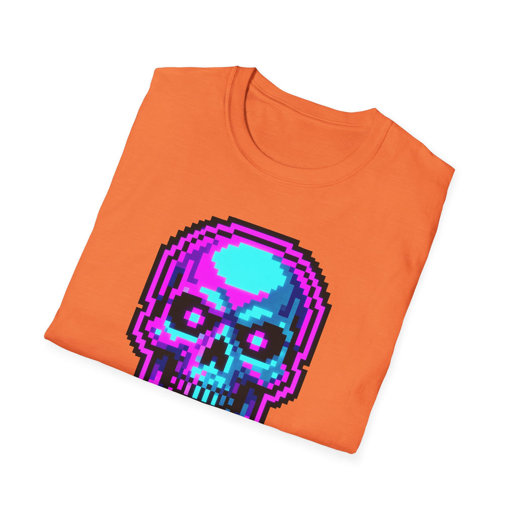 Orange T-shirt with colorful pixel skull graphic on the front