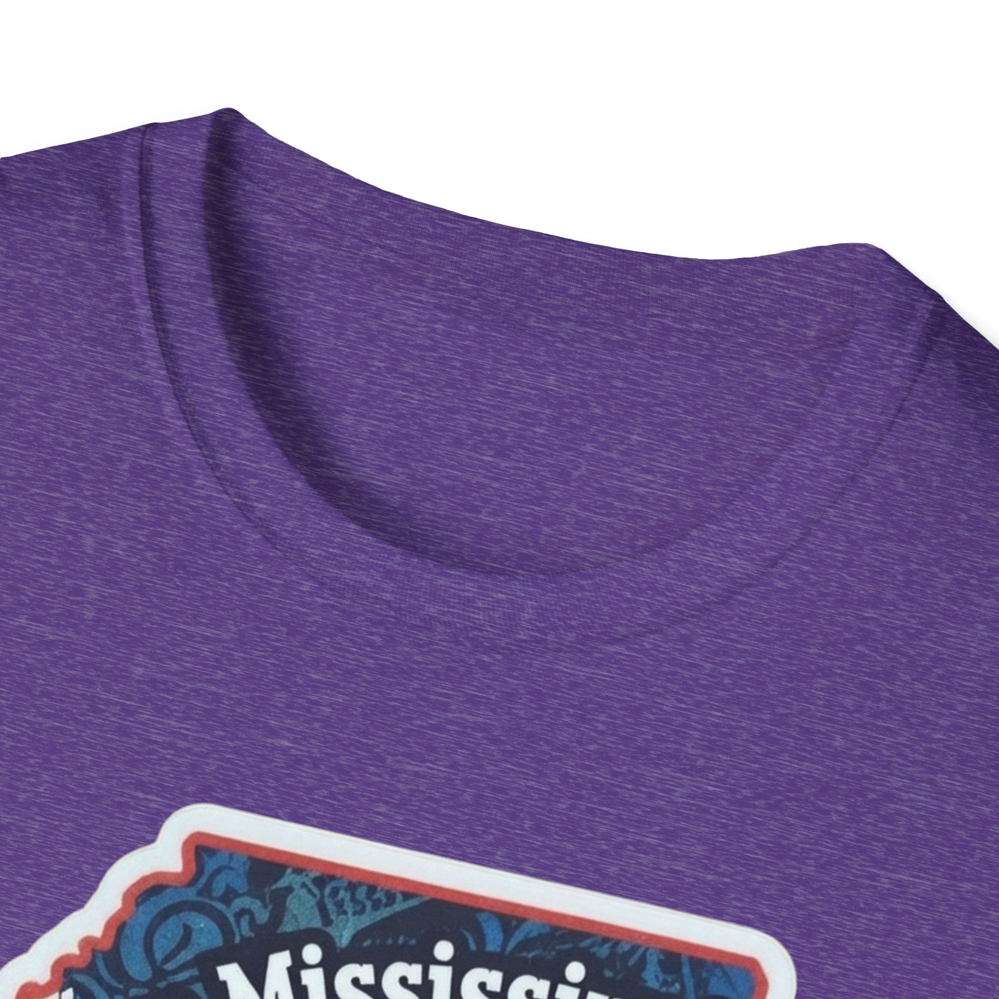 I am Mississippi T-shirt, Heather Purple crew neck, close-up of chest graphic