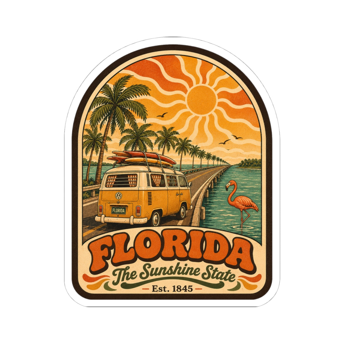 Die-cut Florida sticker showing retro surf bus, palm trees, sun, and flamingo