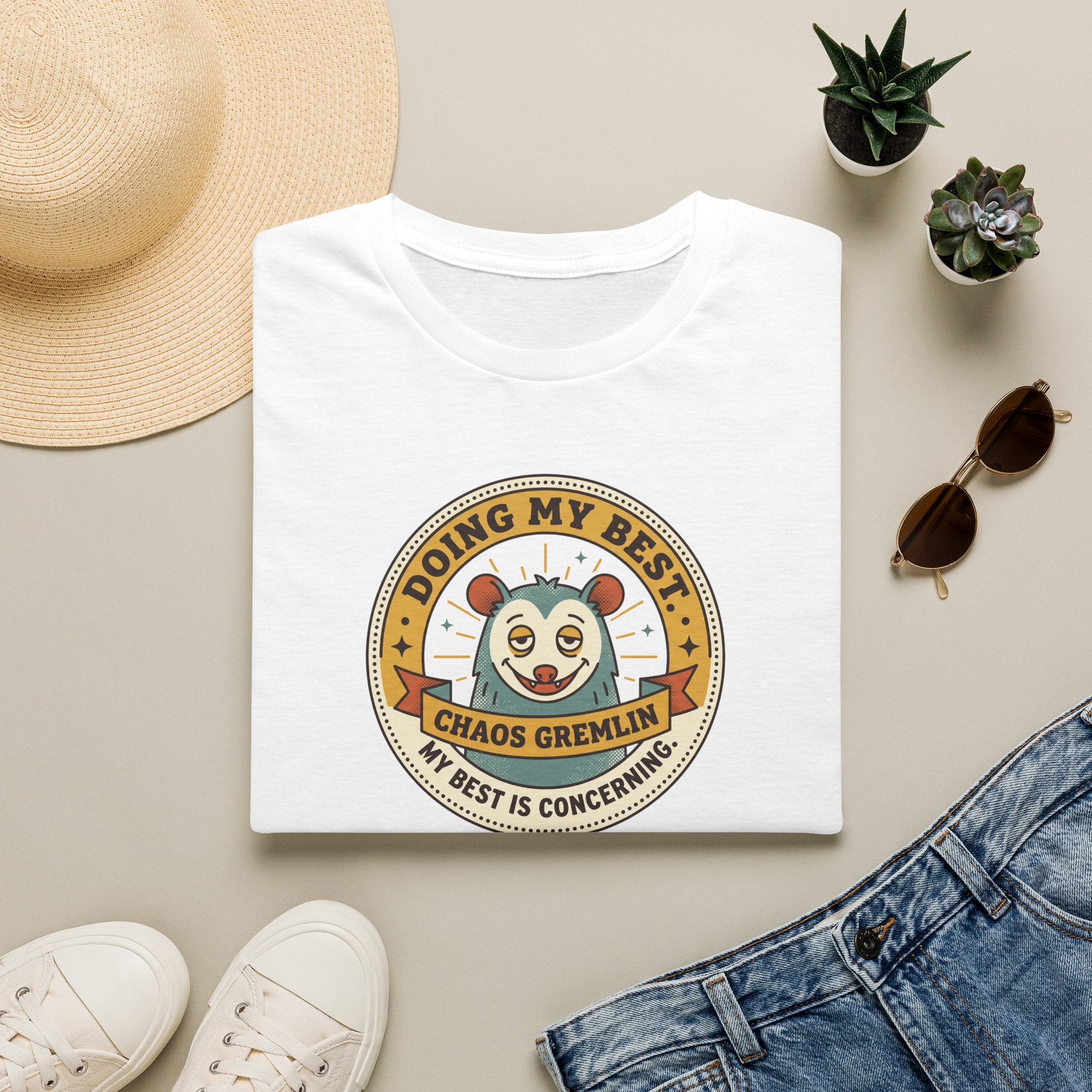 White t-shirt with circular gremlin panda graphic and text at the center