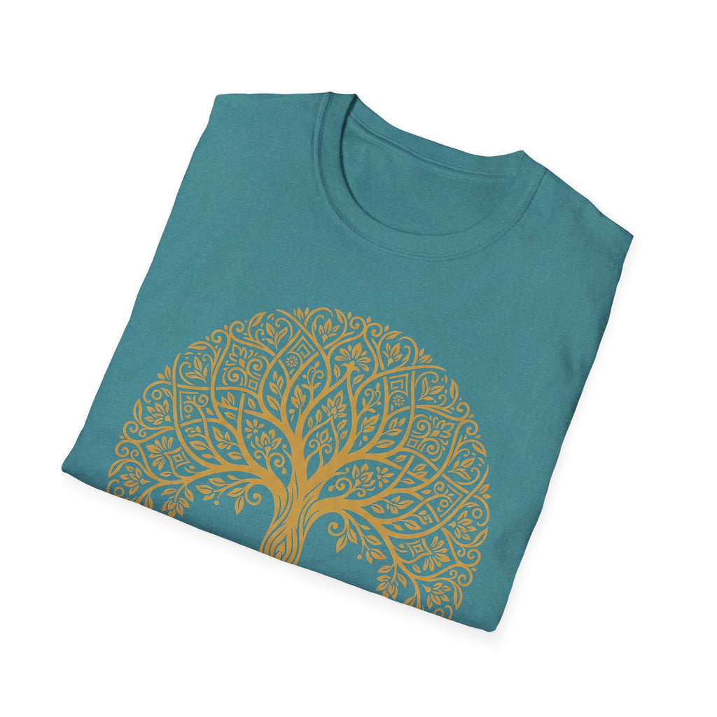 Gold Tree of Life T-shirt in teal with gold Celtic mandala tree graphic