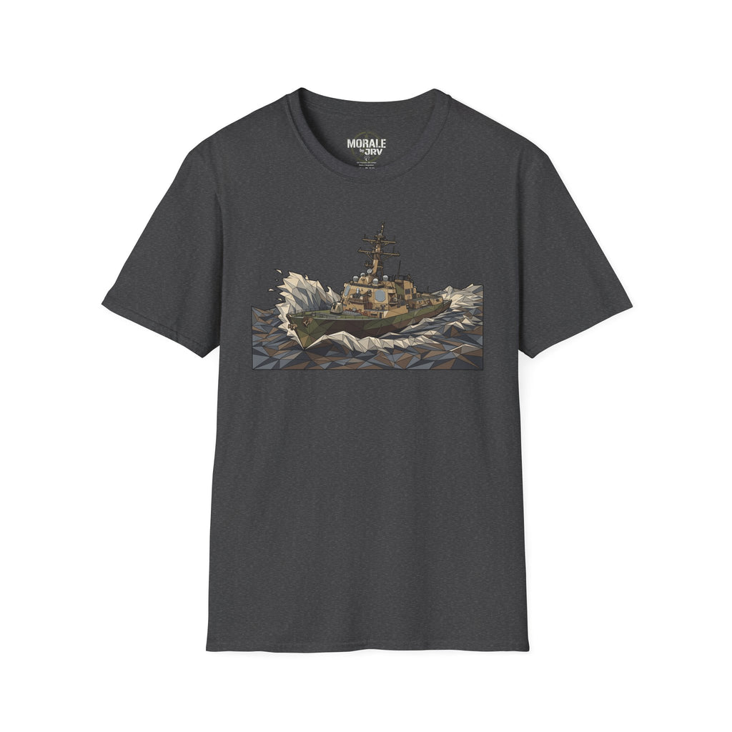 Dark heather T-shirt with rough seas ship graphic for Coast Guard cutter on front