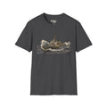 Dark heather T-shirt with rough seas ship graphic for Coast Guard cutter on front