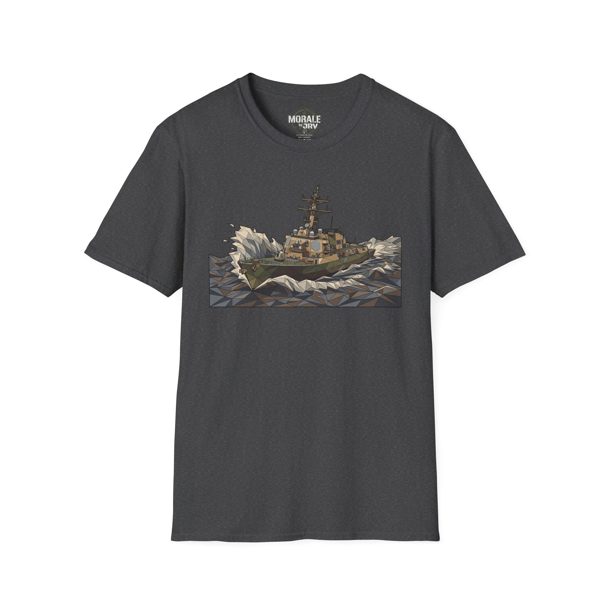 Dark heather T-shirt with rough seas ship graphic for Coast Guard cutter on front