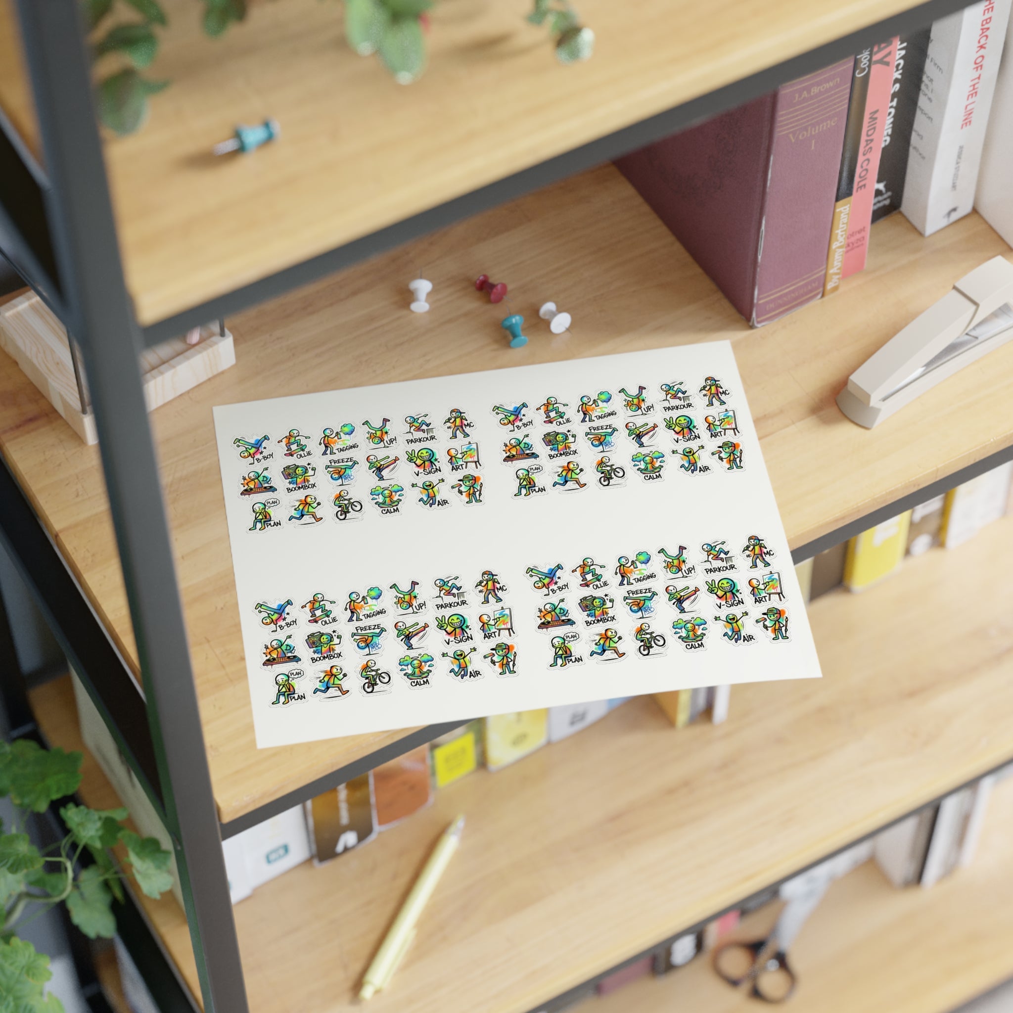Sheet of die-cut mini activity character stickers with colorful exercise icons