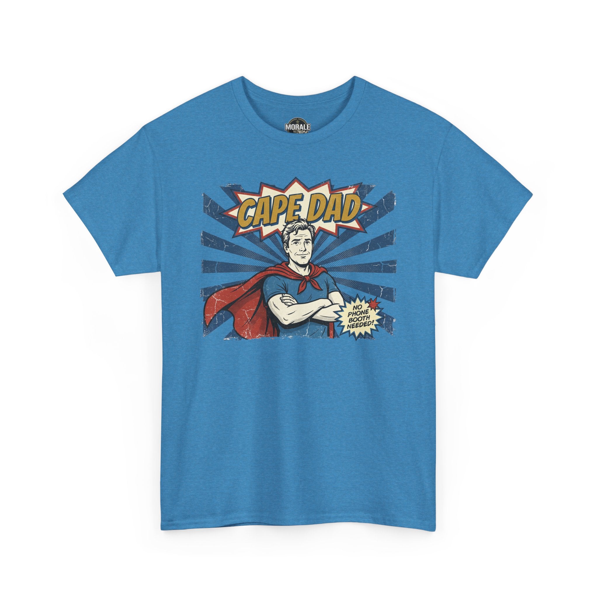 Blaues Cape Dad Comic-Superhelden-T-Shirt mit Frontprint und Logo