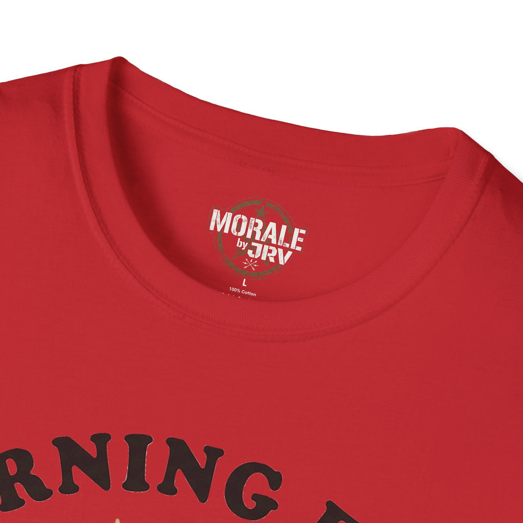 Red t-shirt with small circular chest logo near the neckline
