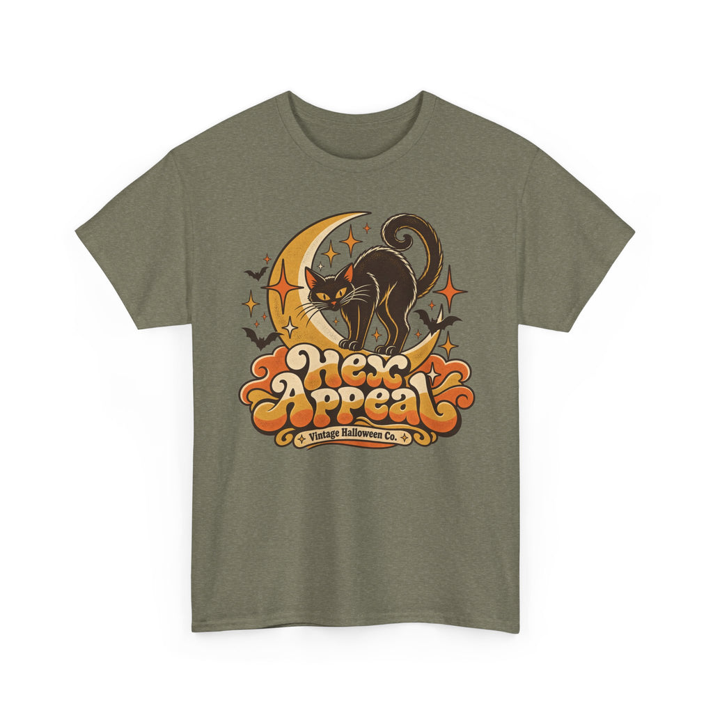 Hex Appeal Black Cat T-Shirt, Retro Crescent Moon Witchy Halloween Shirt for Women and Men, Funny Spooky Cat Lover Tee