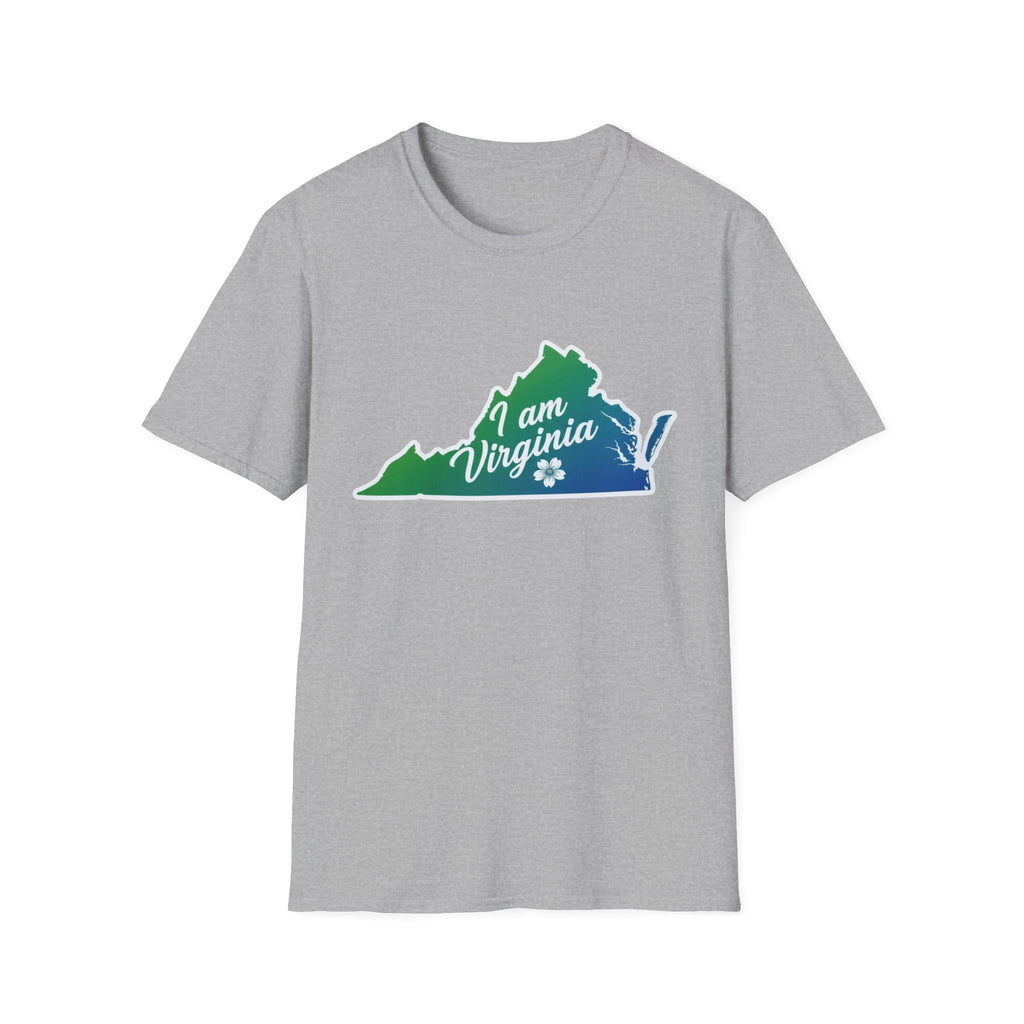 I Am Virginia T-Shirt: heather gray tee with colorful Virginia state outline graphic