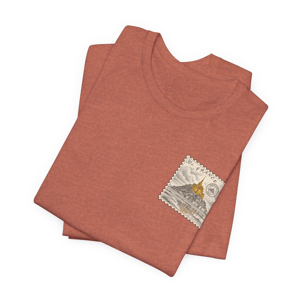 Rust brown crew-neck T-shirt set with small postage stamp graphic on front
