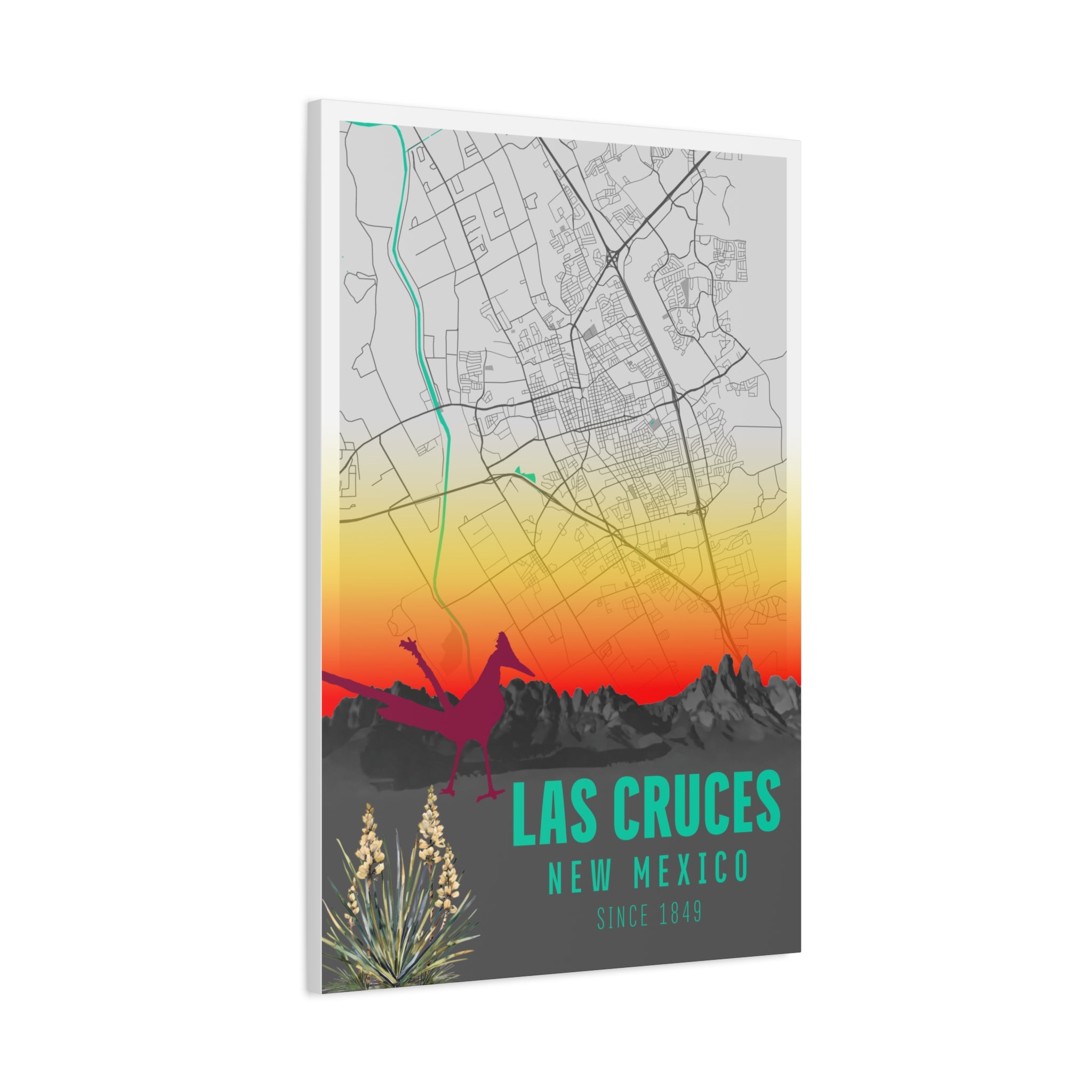 Las Cruces New Mexico map canvas with cactus silhouette, mountains, and 'Since 1849' text
