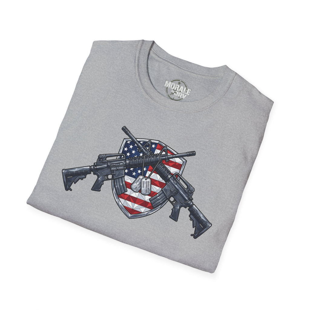 Heather gray American flag skull shield t-shirt with crossed rifles graphic