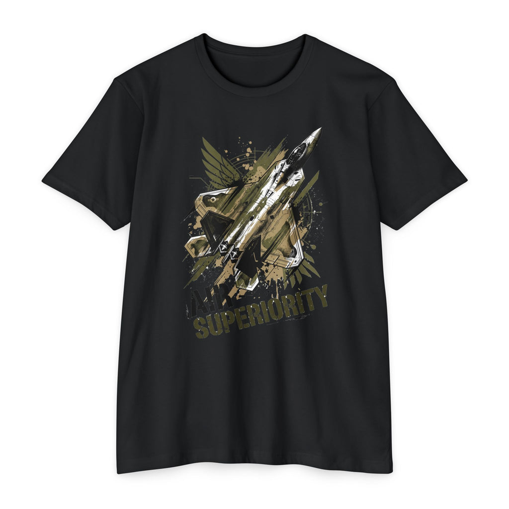 Black crewneck T-shirt with jet 'AIR SUPERIORITY' graphic.