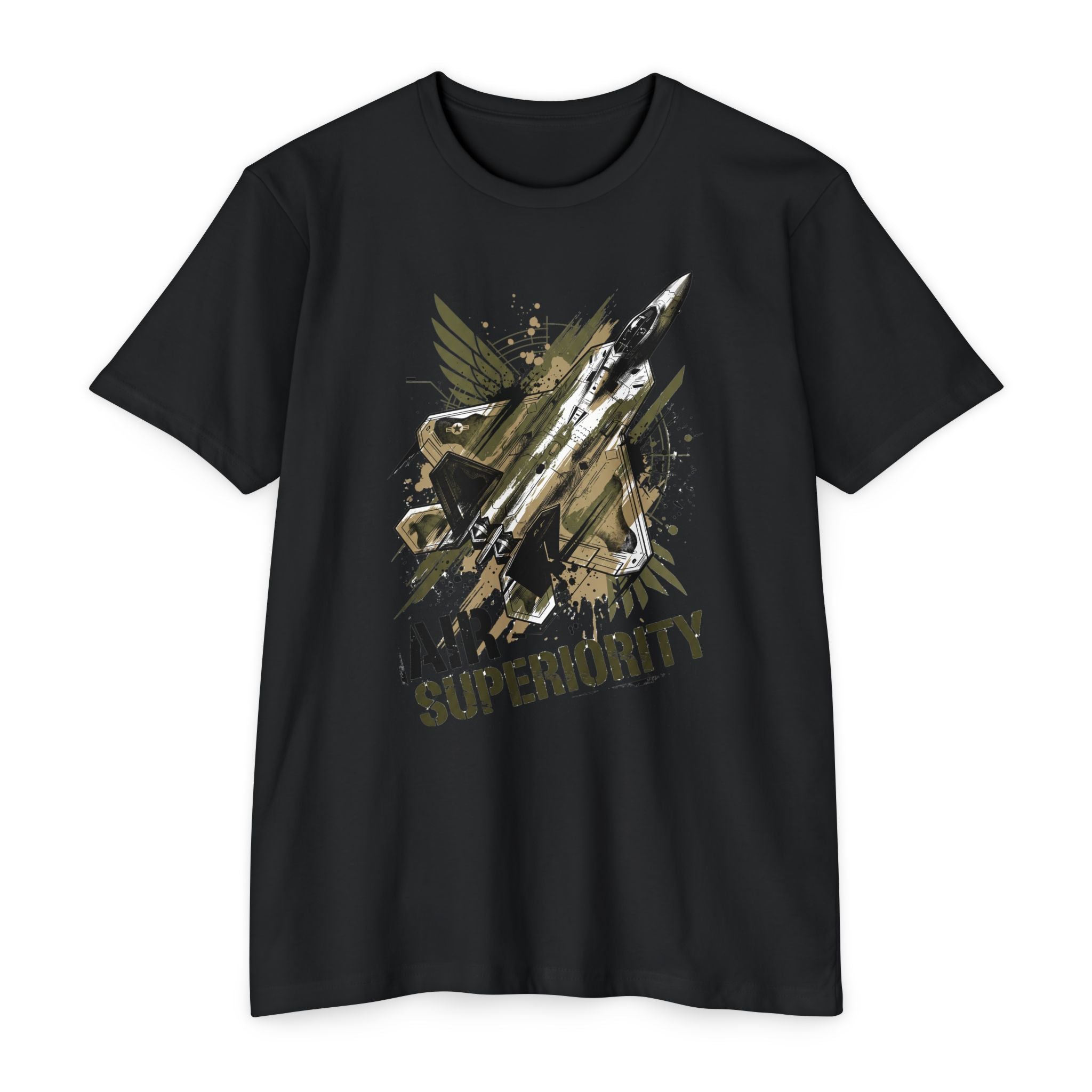 Black crewneck T-shirt with jet 'AIR SUPERIORITY' graphic.
