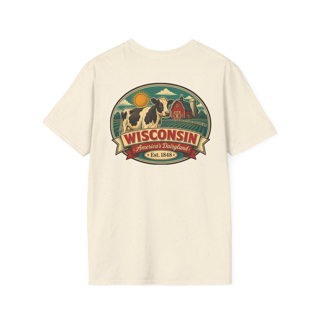 Natural Wisconsin graphic t-shirt with crest logo and cow illustration.
